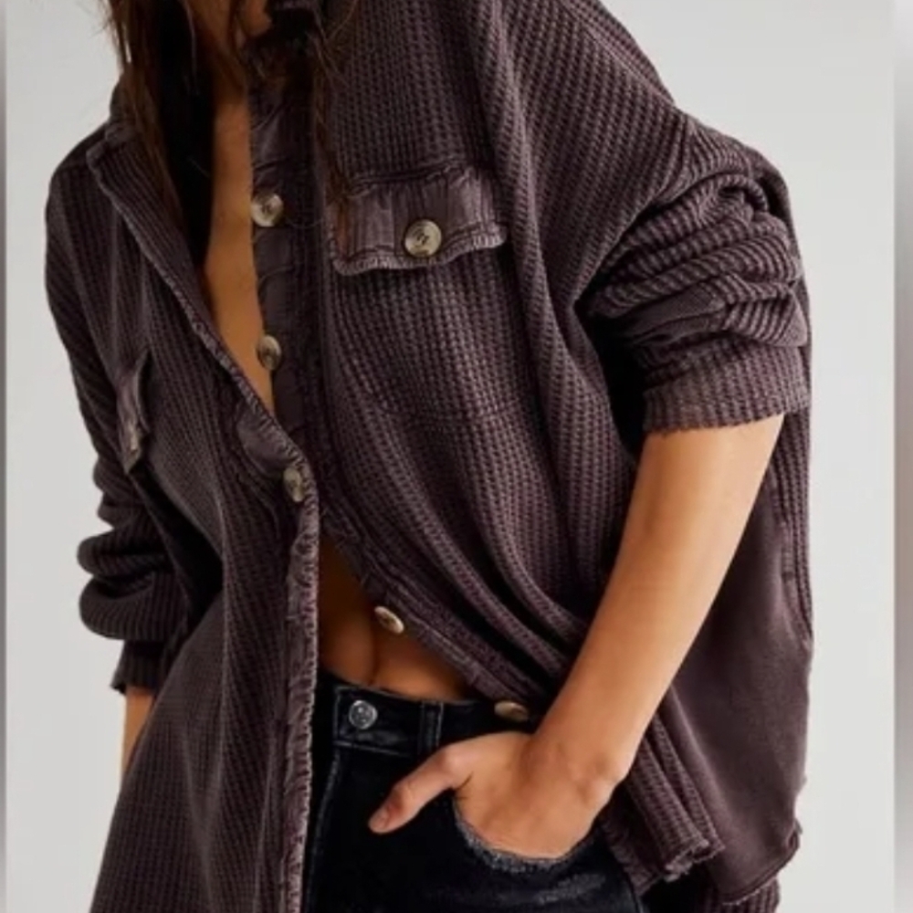 Free People Scout Oversized Waffle Knit Jacket | Slouchy Boho Shacket Brown - Picture 2 of 4